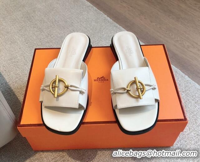 Discount Hermes Isle Flat Slides Sandal in Calfskin with Glenan Buckle White 703044