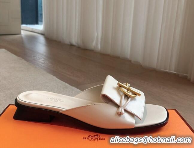 Discount Hermes Isle Flat Slides Sandal in Calfskin with Glenan Buckle White 703044