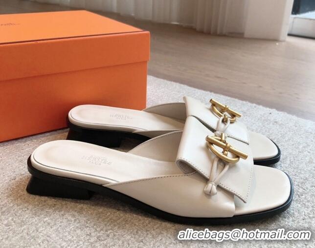 Discount Hermes Isle Flat Slides Sandal in Calfskin with Glenan Buckle White 703044