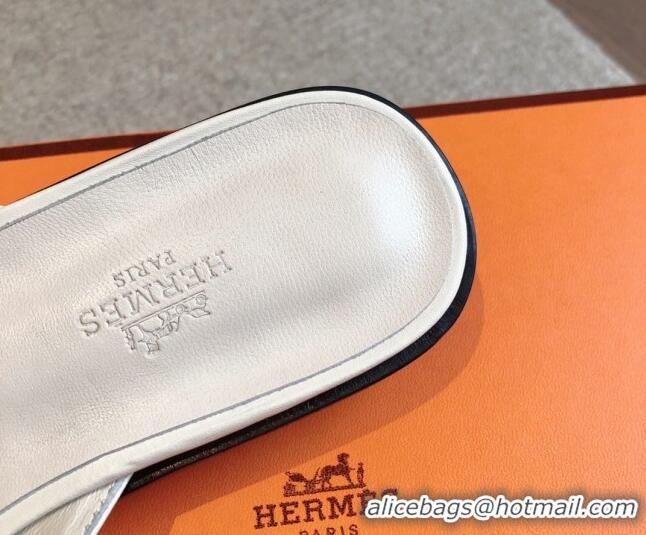 Discount Hermes Isle Flat Slides Sandal in Calfskin with Glenan Buckle White 703044