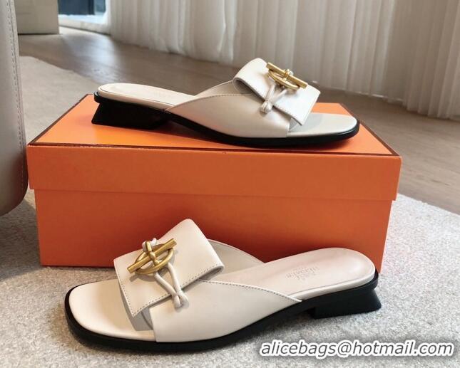 Discount Hermes Isle Flat Slides Sandal in Calfskin with Glenan Buckle White 703044