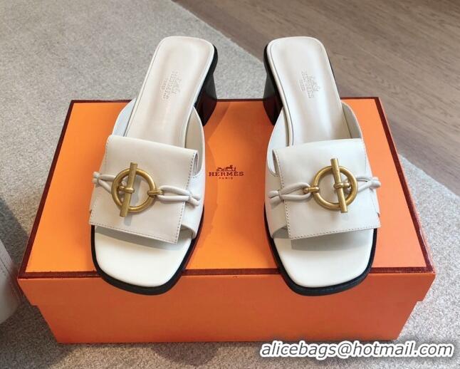 Super Hermes Ilot Heel Slides Sandal 5cm in Calfskin with Glenan Buckle White 703045