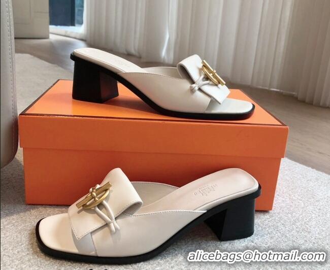 Super Hermes Ilot Heel Slides Sandal 5cm in Calfskin with Glenan Buckle White 703045