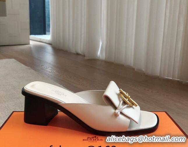 Super Hermes Ilot Heel Slides Sandal 5cm in Calfskin with Glenan Buckle White 703045