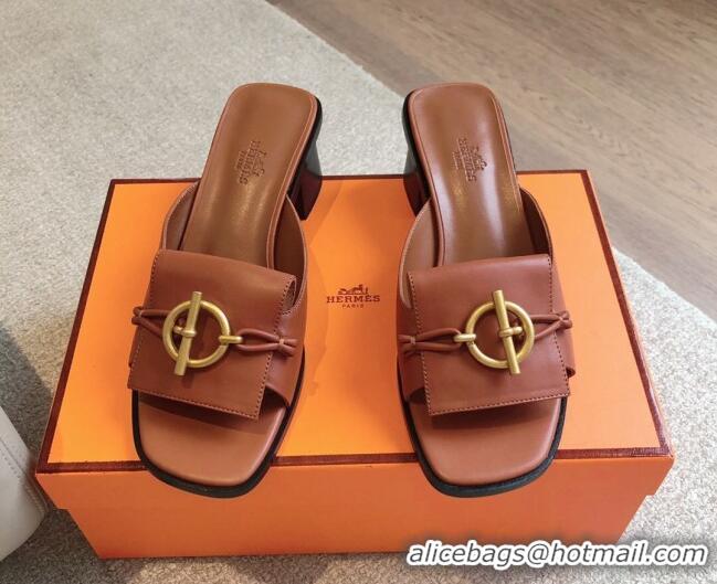 Best Product Hermes Ilot Heel Slides Sandal 5cm in Calfskin with Glenan Buckle Brown 703046