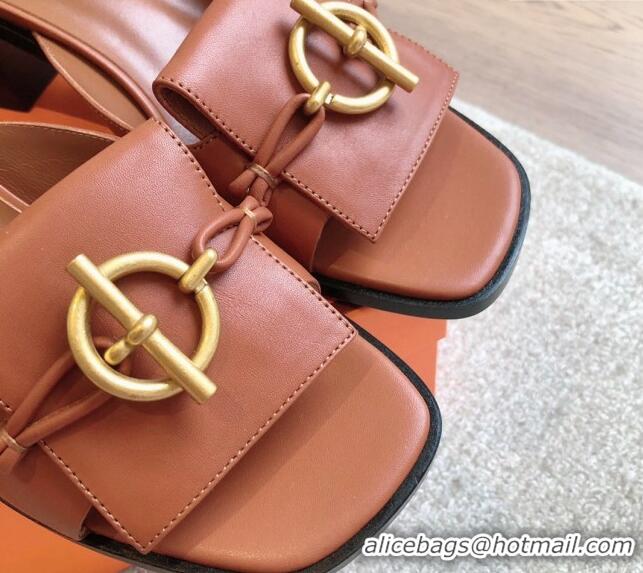 Best Product Hermes Ilot Heel Slides Sandal 5cm in Calfskin with Glenan Buckle Brown 703046