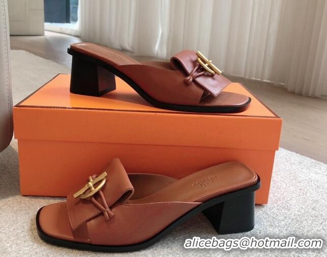 Best Product Hermes Ilot Heel Slides Sandal 5cm in Calfskin with Glenan Buckle Brown 703046