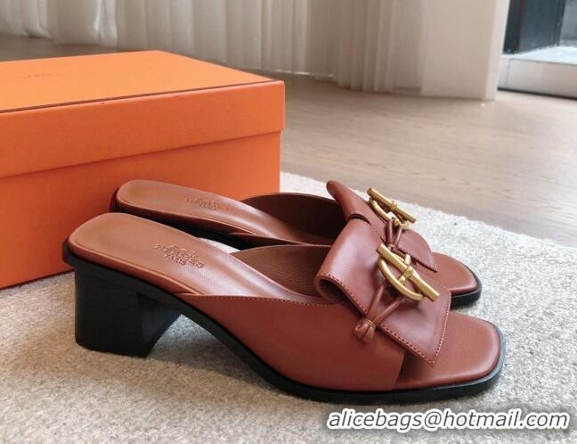 Best Product Hermes Ilot Heel Slides Sandal 5cm in Calfskin with Glenan Buckle Brown 703046