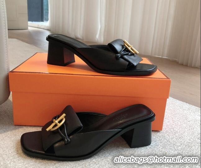 Most Popular Hermes Ilot Heel Slides Sandal 5cm in Calfskin with Glenan Buckle Black 703047