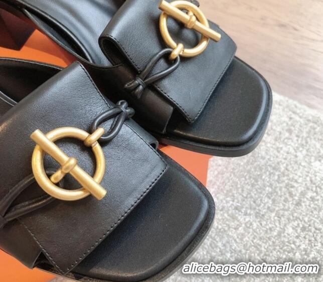 Most Popular Hermes Ilot Heel Slides Sandal 5cm in Calfskin with Glenan Buckle Black 703047