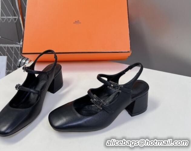 Charming Hermes Jackie Slingback Pumps 5cm in Calfskin with H Buckle Black 703048