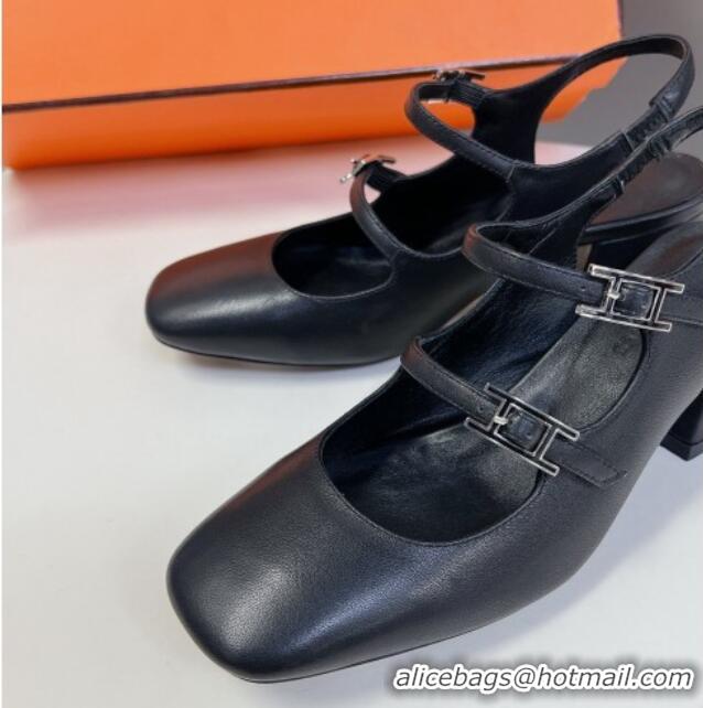 Charming Hermes Jackie Slingback Pumps 5cm in Calfskin with H Buckle Black 703048