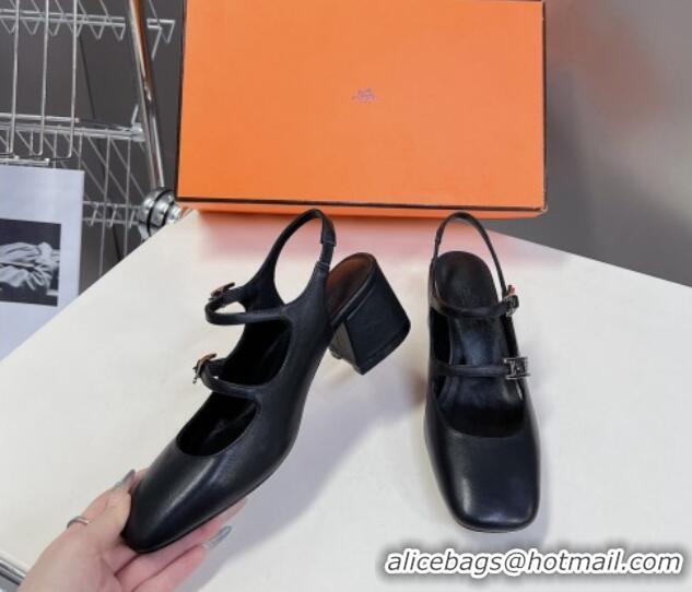 Charming Hermes Jackie Slingback Pumps 5cm in Calfskin with H Buckle Black 703048