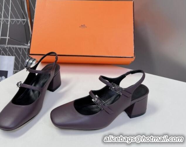 Top Grade Hermes Jackie Slingback Pumps 5cm in Calfskin with H Buckle Grey 703049