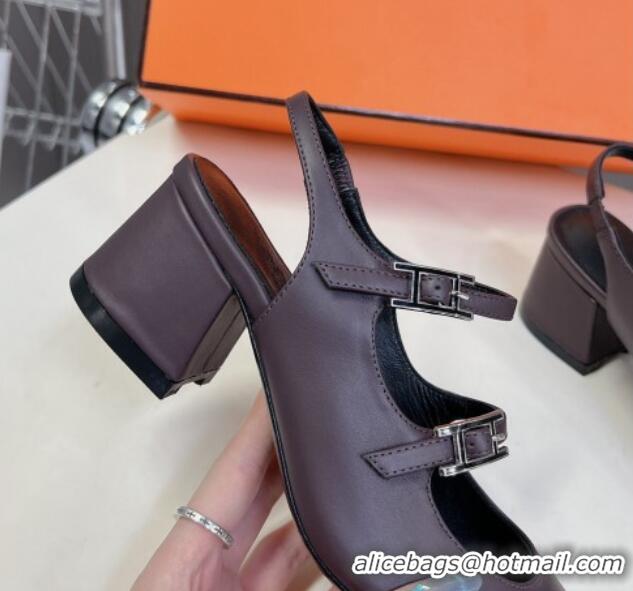 Top Grade Hermes Jackie Slingback Pumps 5cm in Calfskin with H Buckle Grey 703049