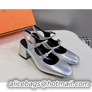 Luxurious Hermes Jackie Slingback Pumps 5cm in Calfskin with H Buckle Silver 703051