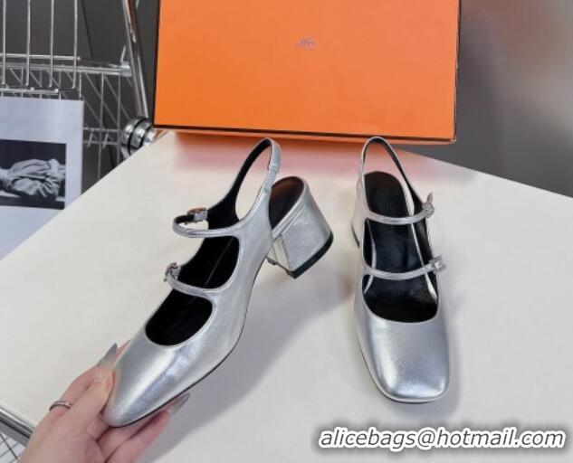 Luxurious Hermes Jackie Slingback Pumps 5cm in Calfskin with H Buckle Silver 703051