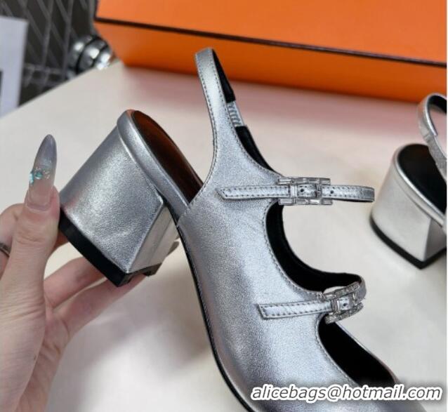 Luxurious Hermes Jackie Slingback Pumps 5cm in Calfskin with H Buckle Silver 703051