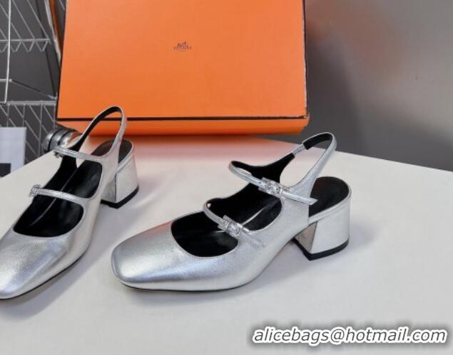 Luxurious Hermes Jackie Slingback Pumps 5cm in Calfskin with H Buckle Silver 703051