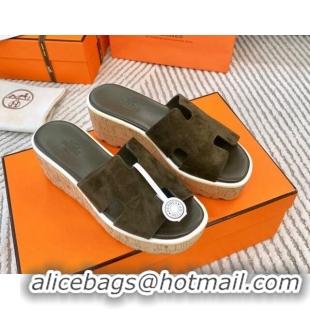 Good Product Hermes Eze 30 Platform Slides Sandal in Suede Khaki Green 703052