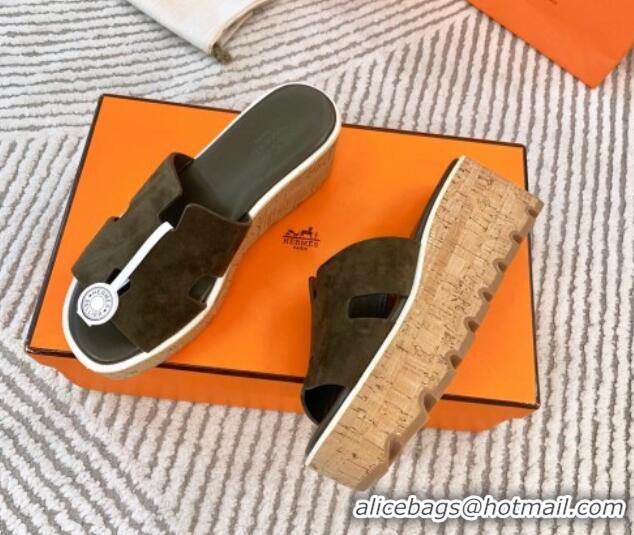 Good Product Hermes Eze 30 Platform Slides Sandal in Suede Khaki Green 703052