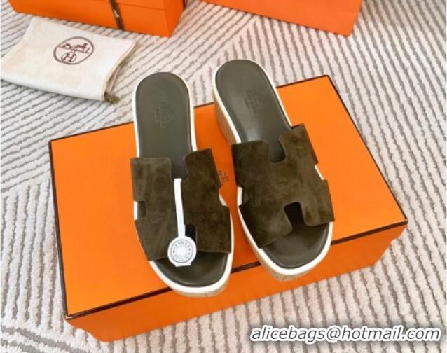 Good Product Hermes Eze 30 Platform Slides Sandal in Suede Khaki Green 703052