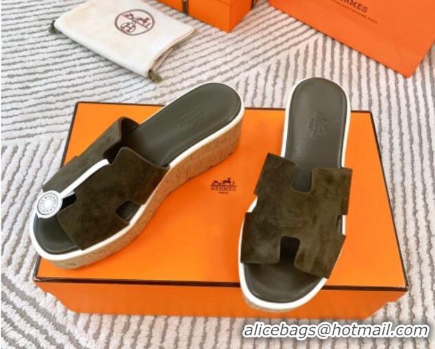 Good Product Hermes Eze 30 Platform Slides Sandal in Suede Khaki Green 703052