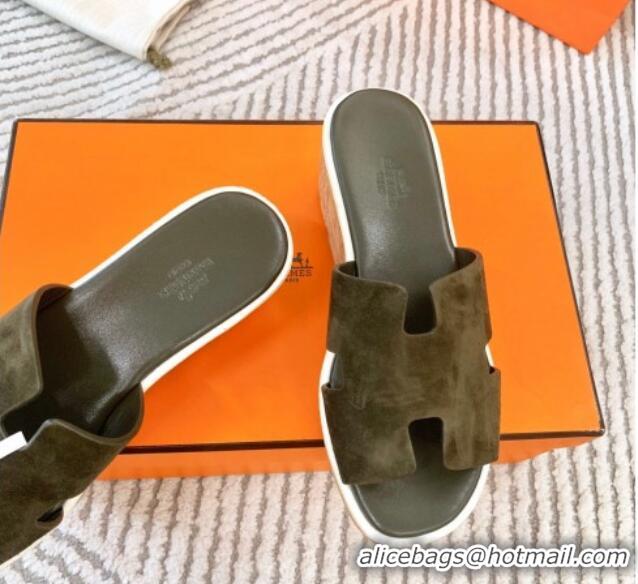 Good Product Hermes Eze 30 Platform Slides Sandal in Suede Khaki Green 703052