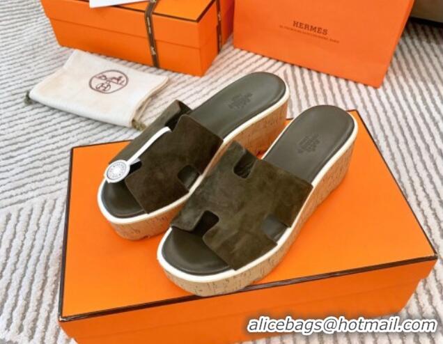 Good Product Hermes Eze 30 Platform Slides Sandal in Suede Khaki Green 703052