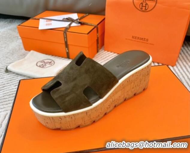 Good Product Hermes Eze 30 Platform Slides Sandal in Suede Khaki Green 703052