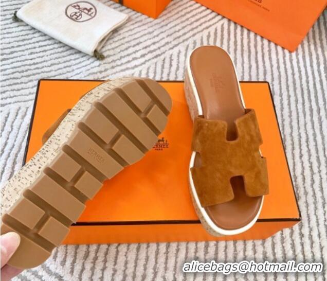 Perfect Hermes Eze 30 Platform Slides Sandal in Suede Brown 703053