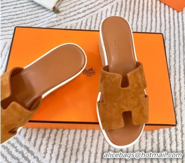 Perfect Hermes Eze 30 Platform Slides Sandal in Suede Brown 703053