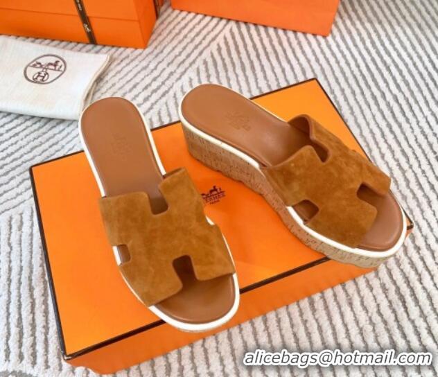 Perfect Hermes Eze 30 Platform Slides Sandal in Suede Brown 703053