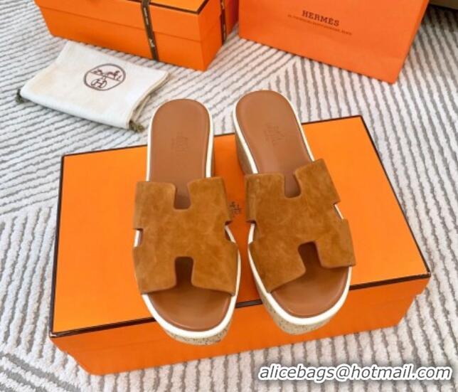 Perfect Hermes Eze 30 Platform Slides Sandal in Suede Brown 703053