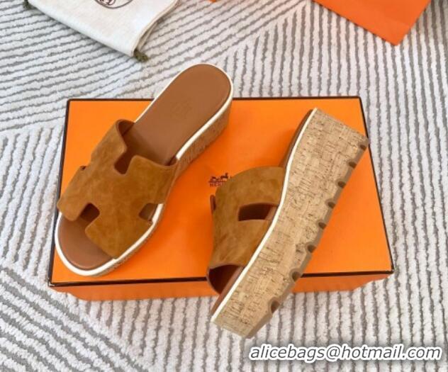 Perfect Hermes Eze 30 Platform Slides Sandal in Suede Brown 703053