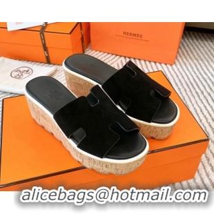 Top Quality Hermes Eze 30 Platform Slides Sandal in Suede Black 703054