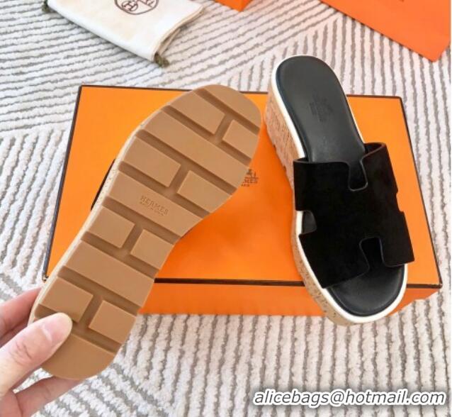 Top Quality Hermes Eze 30 Platform Slides Sandal in Suede Black 703054