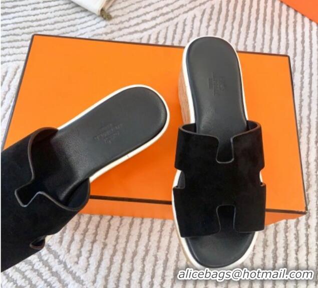 Top Quality Hermes Eze 30 Platform Slides Sandal in Suede Black 703054