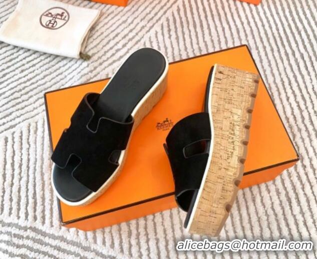 Top Quality Hermes Eze 30 Platform Slides Sandal in Suede Black 703054