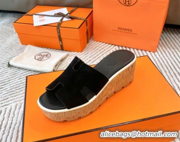 Top Quality Hermes Eze 30 Platform Slides Sandal in Suede Black 703054