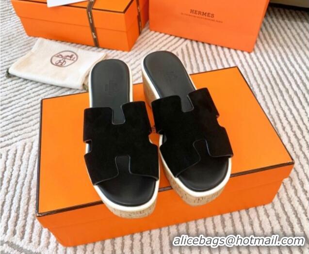 Top Quality Hermes Eze 30 Platform Slides Sandal in Suede Black 703054