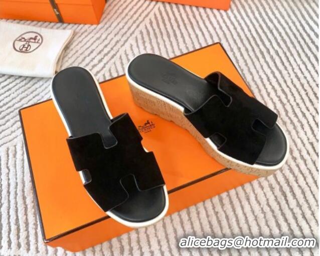 Top Quality Hermes Eze 30 Platform Slides Sandal in Suede Black 703054