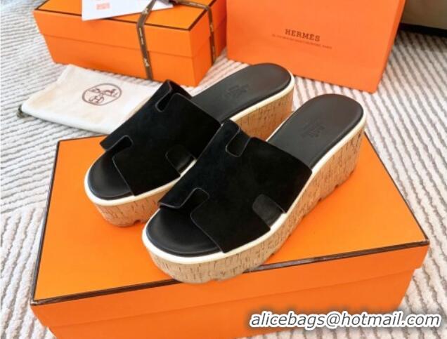 Top Quality Hermes Eze 30 Platform Slides Sandal in Suede Black 703054