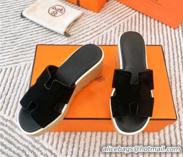 Top Quality Hermes Eze 30 Platform Slides Sandal in Suede Black 703054