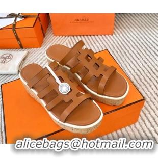 Low Cost Hermes Isabella 30 Platform Slides Sandal in Calfskin Brown 703055