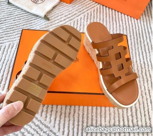 Low Cost Hermes Isabella 30 Platform Slides Sandal in Calfskin Brown 703055