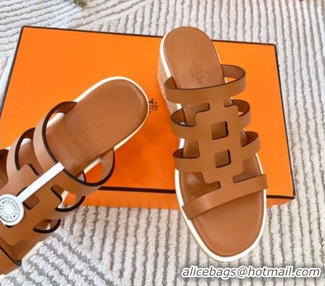 Low Cost Hermes Isabella 30 Platform Slides Sandal in Calfskin Brown 703055