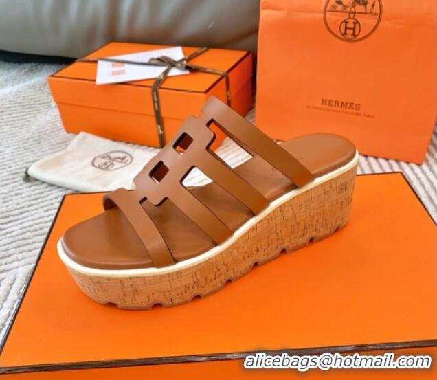 Low Cost Hermes Isabella 30 Platform Slides Sandal in Calfskin Brown 703055