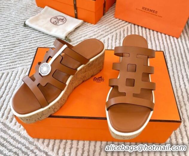 Low Cost Hermes Isabella 30 Platform Slides Sandal in Calfskin Brown 703055