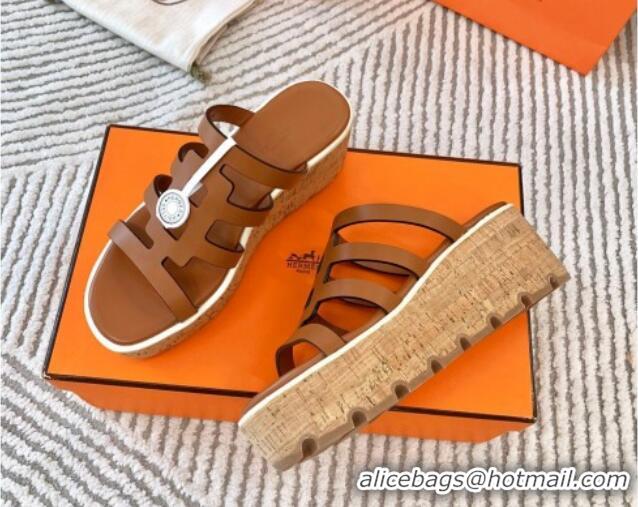 Low Cost Hermes Isabella 30 Platform Slides Sandal in Calfskin Brown 703055